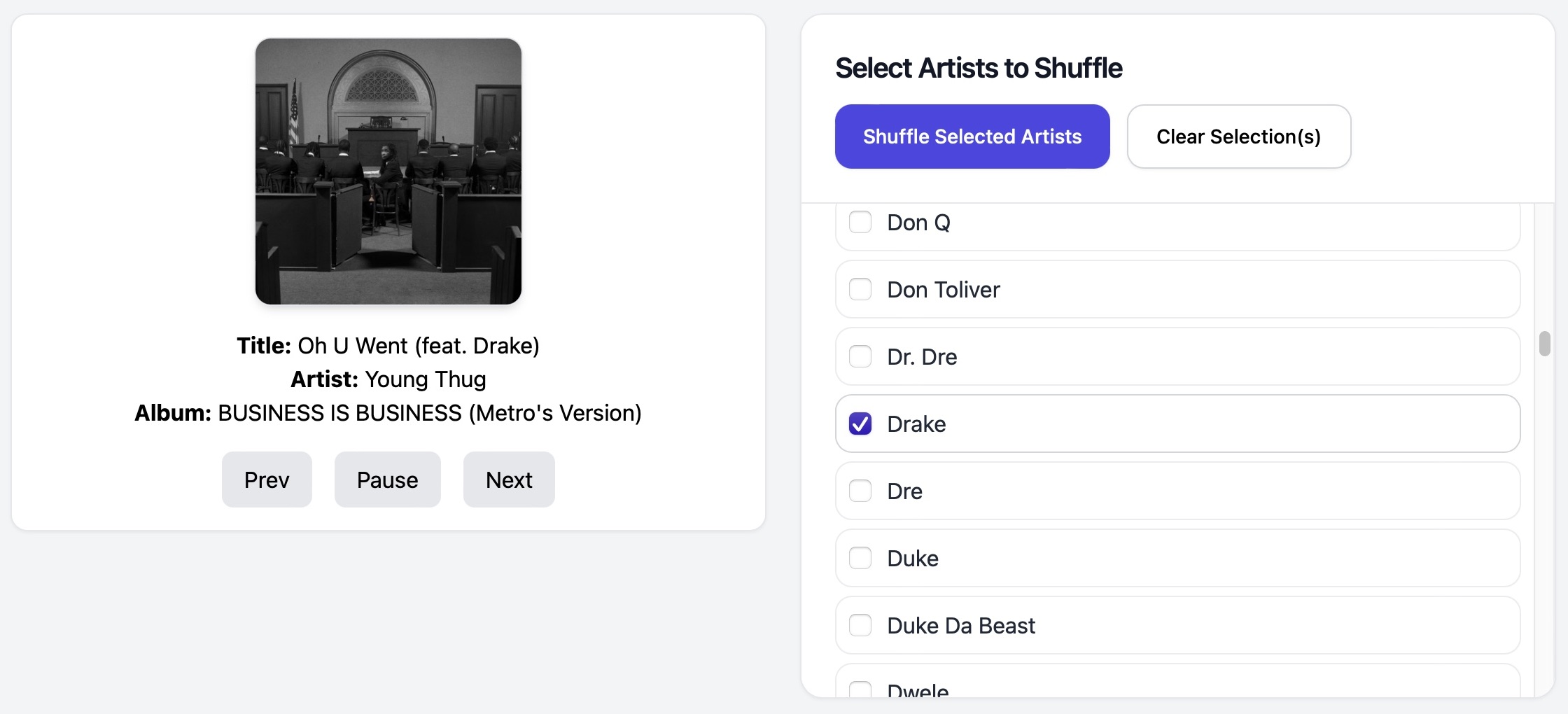 SmartShuffler interface showing a complete Drake shuffle